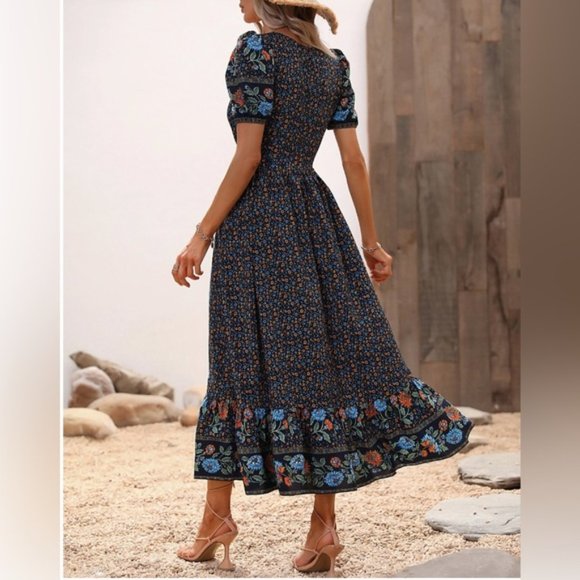 Blue Boho Ditsy Floral Print Sweetheart Neck Ruffle Hem Dress - Picture 3 of 7